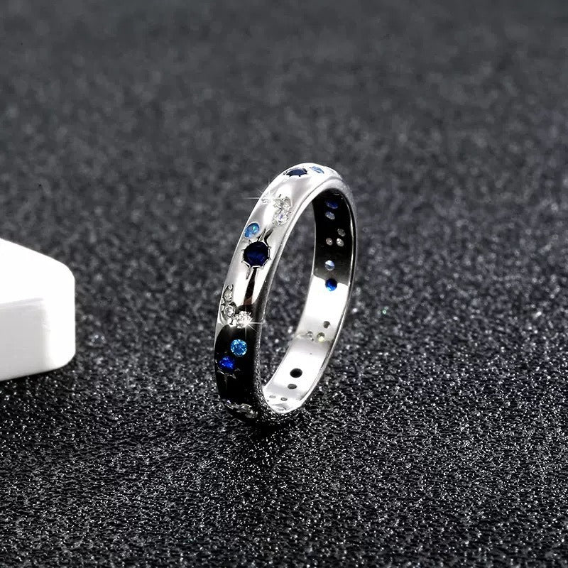 S925 Silver Light Luxury Dual-Color Moon-Star Blue Diamond Ring