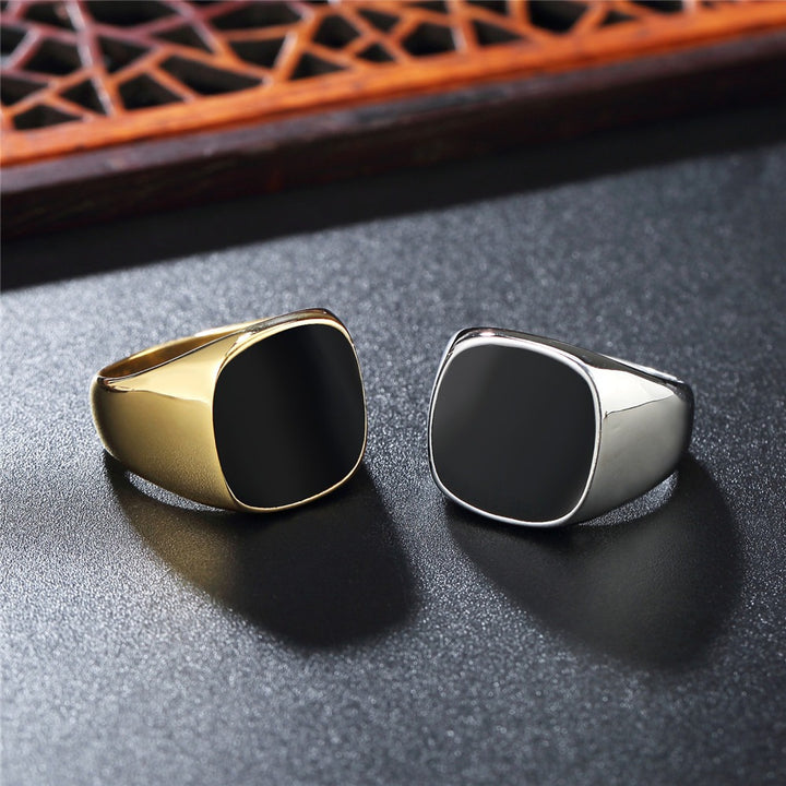 18K Gold/Bright Silver Minimalist Black Onyx Square Ring