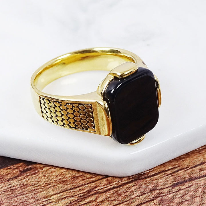 18K Gold/Silver Black Onyx Snake Pattern Ring