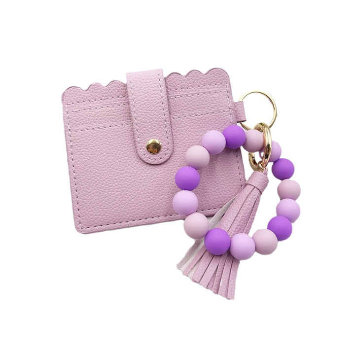 Multi-Color Leather Card Holder + Silicone Bead Tassel Charm - Light Luxury Minimalist Portable Coin Purse