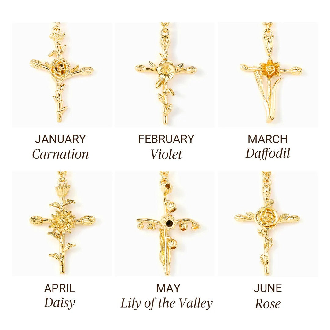 12-Month Birth Flower Cross Necklace 18K Gold-Plated Embossed Floral Pendant Light Luxury Memorial Choker