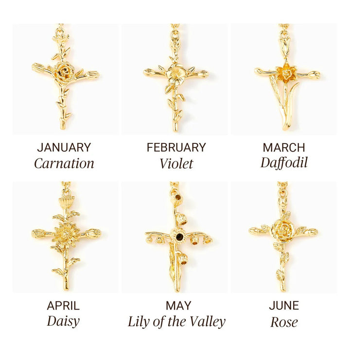 12-Month Birth Flower Cross Necklace 18K Gold-Plated Embossed Floral Pendant Light Luxury Memorial Choker