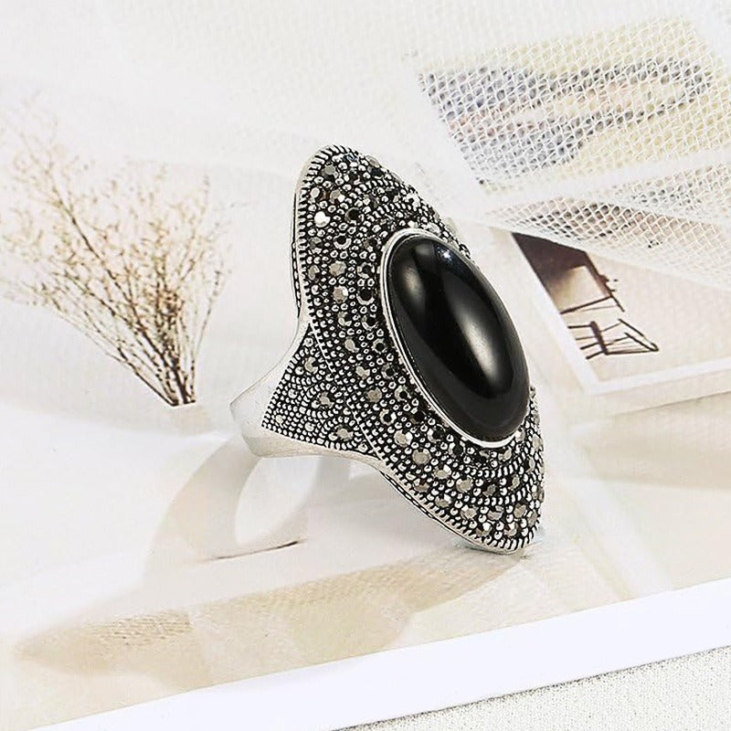 Black Onyx Silver Diamond Ring