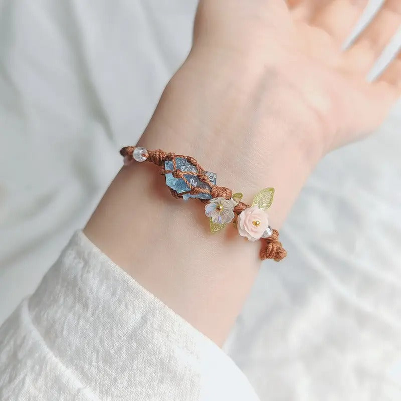 Natural Aquamarine Hand-Woven Bracelet Bohemian Forest Flower Retro Cord