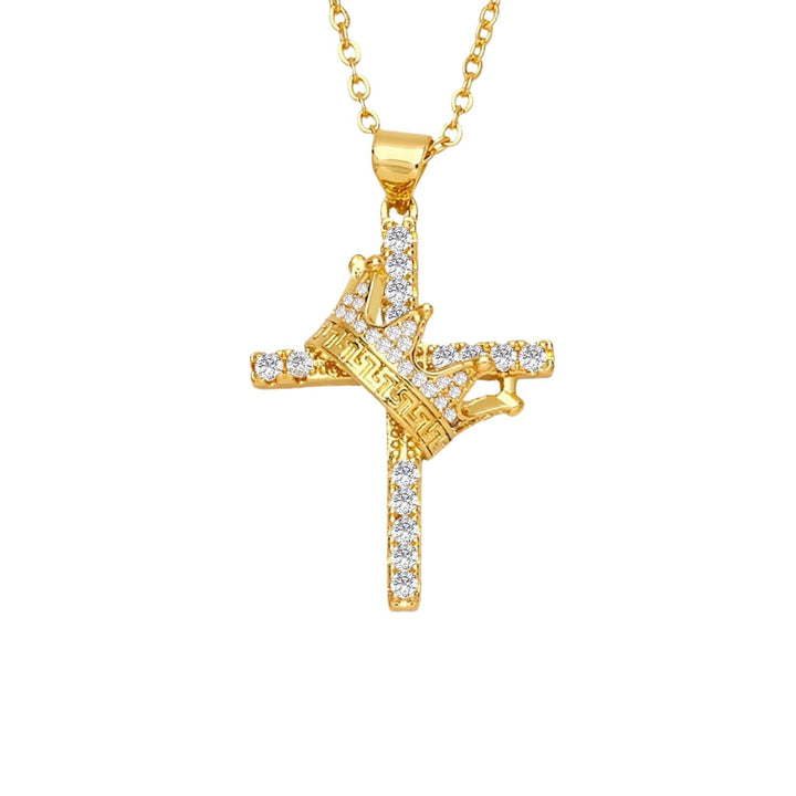 Diamond-Inlaid Crown Cross Necklace