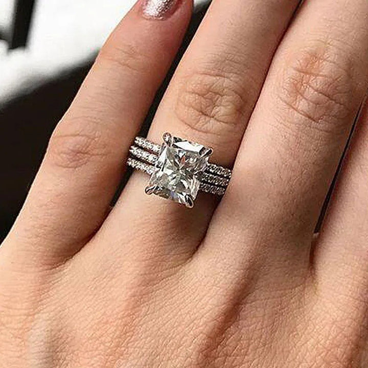 Radiant Princess-Cut Three-Piece Ring Set | Statement Center Ring with Double Pavé Stackable Bands