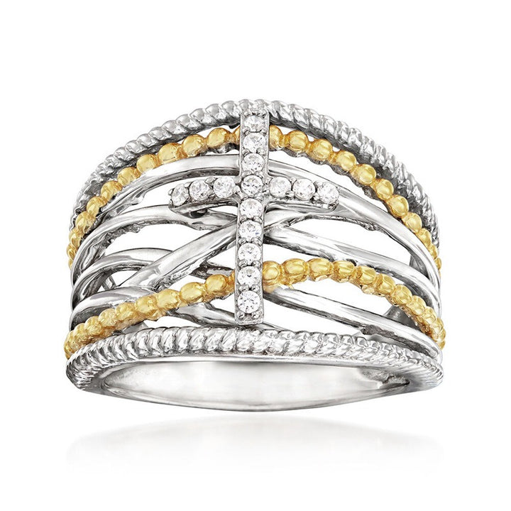 Two-Tone Interwoven Cross Ring | Silver & Gold Layered Design