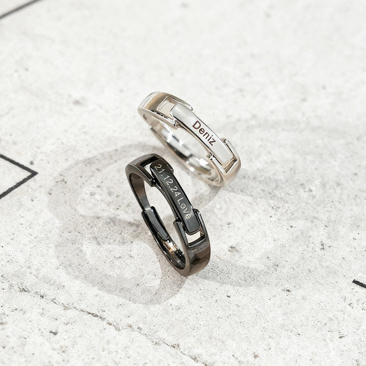 "Time Buckle" Custom Engraved Couple Rings | Personalized Date & Name Belt-Buckle Design Minimalist Matching Bands