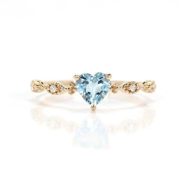 "Sky Heart" 18K Gold Heart Aquamarine Ring | Vintage Starburst Diamond-Accented Dainty Daily Band