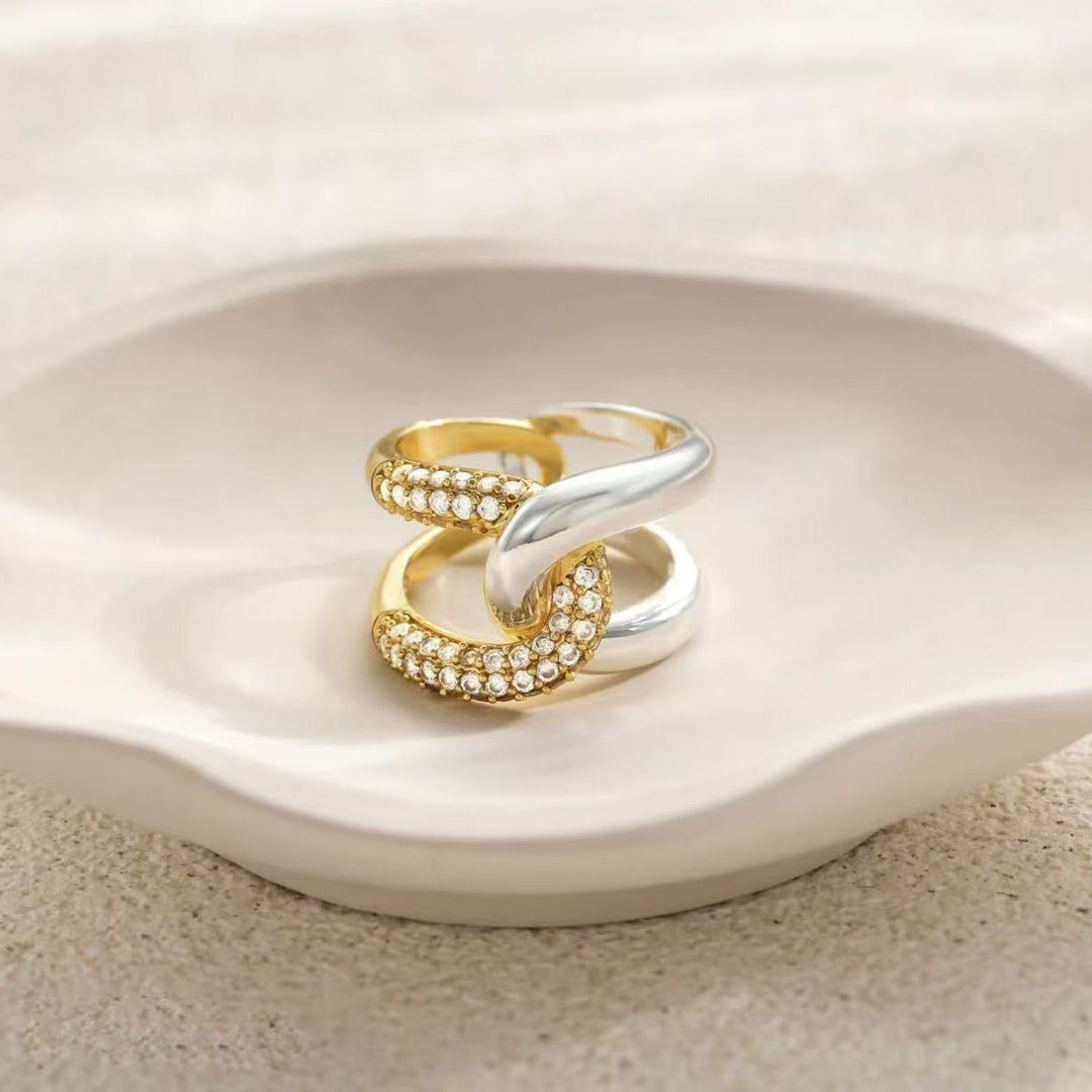 Intertwined Starburst Sterling Silver Diamond Double-Band Ring｜Two-Tone Texture for Daily Elegance