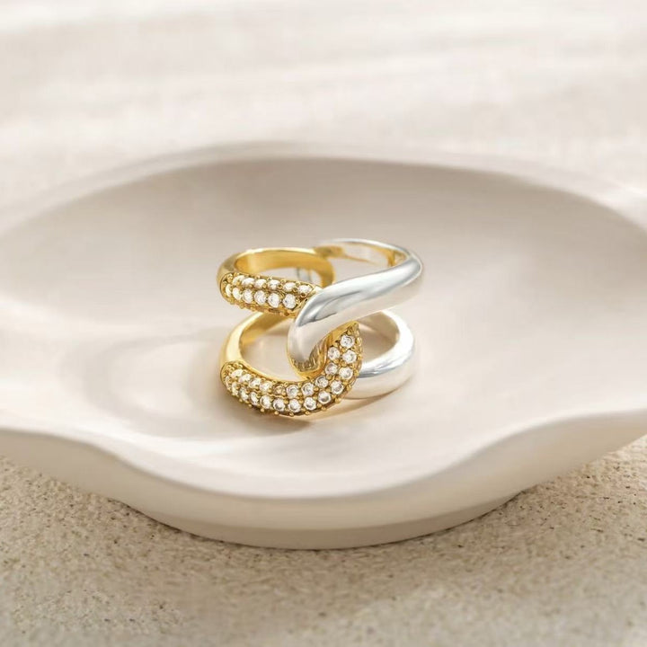 Intertwined Starburst Sterling Silver Diamond Double-Band Ring｜Two-Tone Texture for Daily Elegance