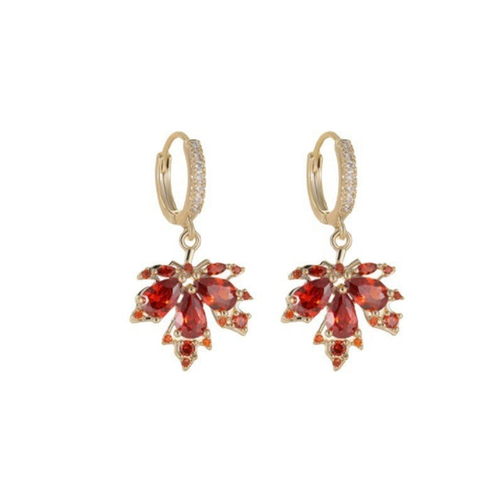 Light Luxury Colored Gemstone Maple Leaf Earrings - Gold Diamond-Encrusted Huggie Hoop Earrings for Women