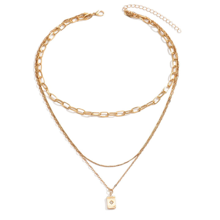 Light Luxury Multi-Layered Necklace - Gold/Silver Two-Color Rectangle Pendant Choker