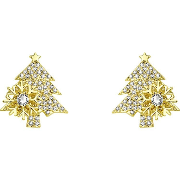 Christmas-Themed Christmas Tree Snowflake Earrings - Gold/Silver Two-Color Women's Festival Light Luxury Accessory