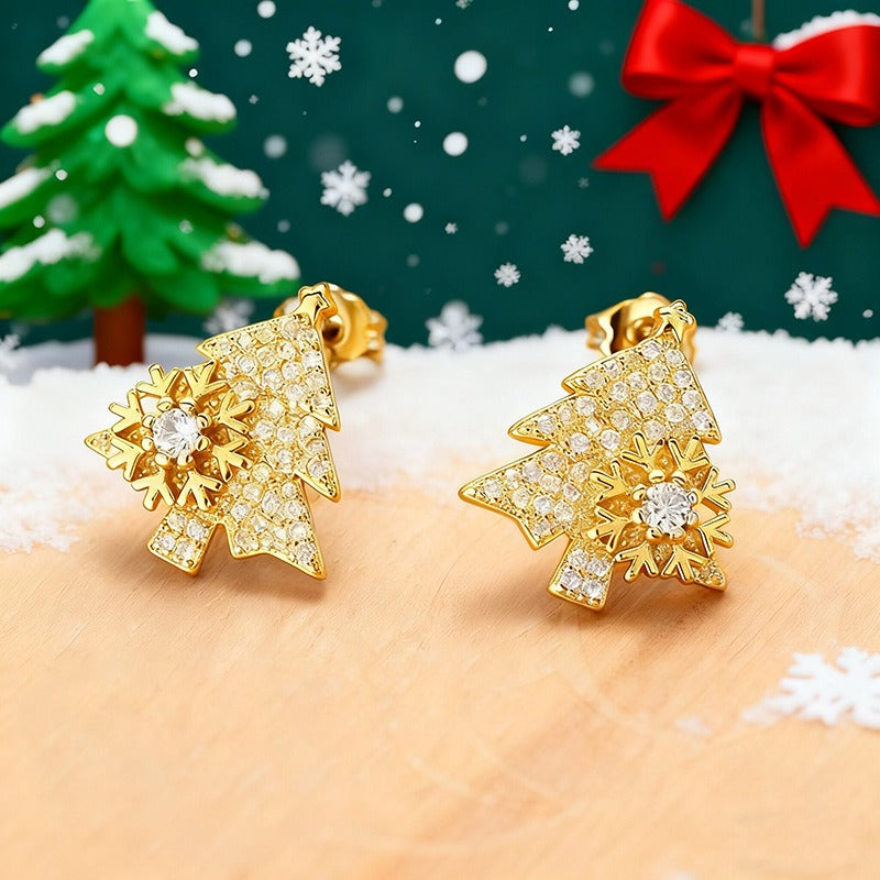 Christmas-Themed Christmas Tree Snowflake Earrings - Gold/Silver Two-Color Women's Festival Light Luxury Accessory