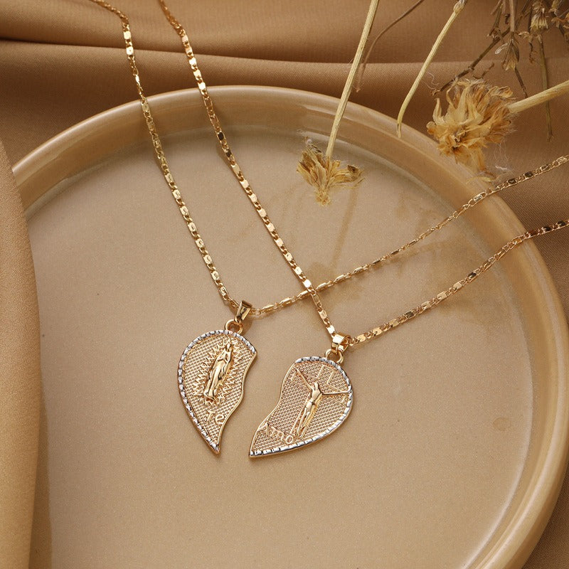 Couple's Religious Heart-Shaped Puzzle Necklace - Gold Diamond-Encrusted Christian Faith Accessory