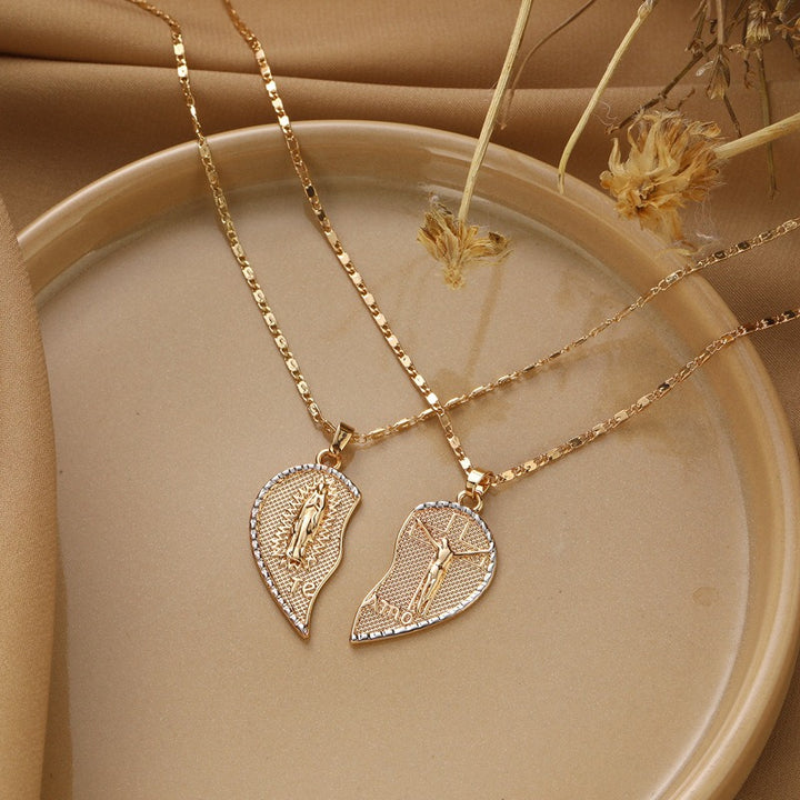 Couple's Religious Heart-Shaped Puzzle Necklace - Gold Diamond-Encrusted Christian Faith Accessory