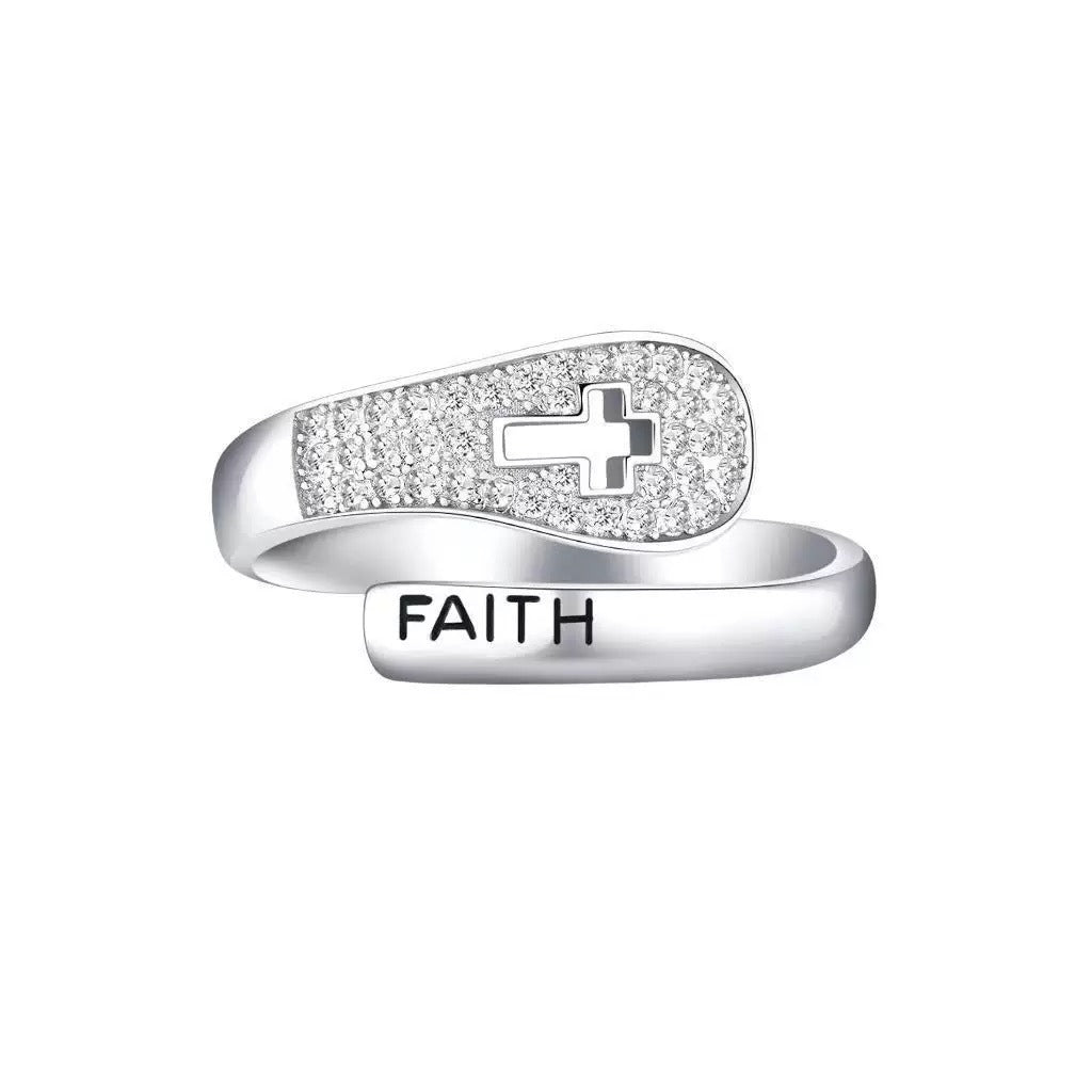 S925 Silver Diamond-Studded Cross FAITH Ring - Women's Light Luxury Religious Style High-End Jewelry