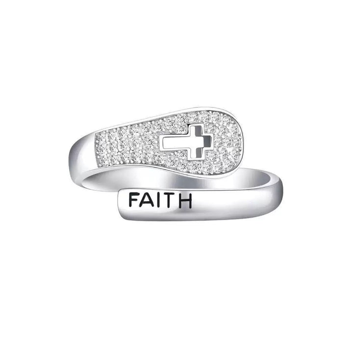 S925 Silver Diamond-Studded Cross FAITH Ring - Women's Light Luxury Religious Style High-End Jewelry