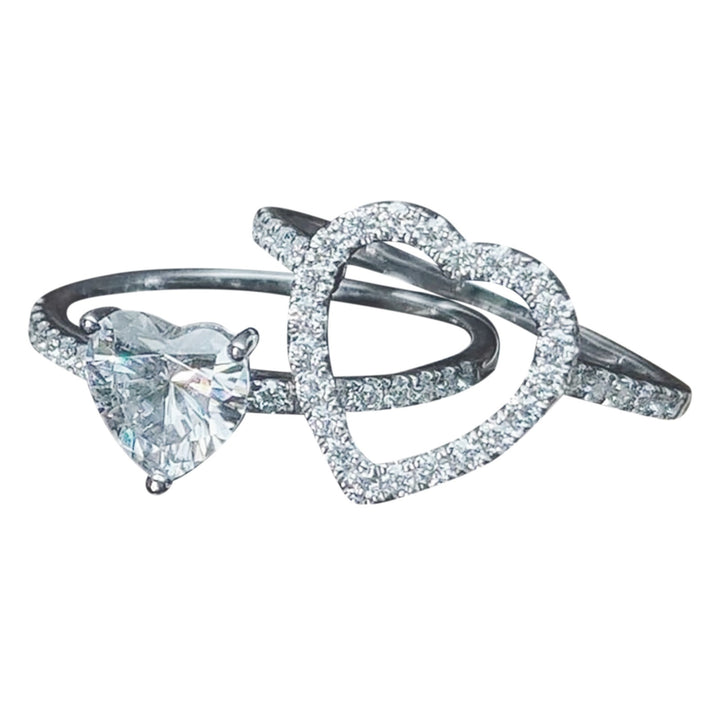 S925 Sterling Silver Plated White Gold Heart-Shaped Full Diamond Double-Layer Ring