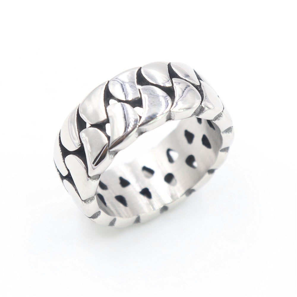 S925 Silver Retro Curb Chain Textured Oxidized Ring