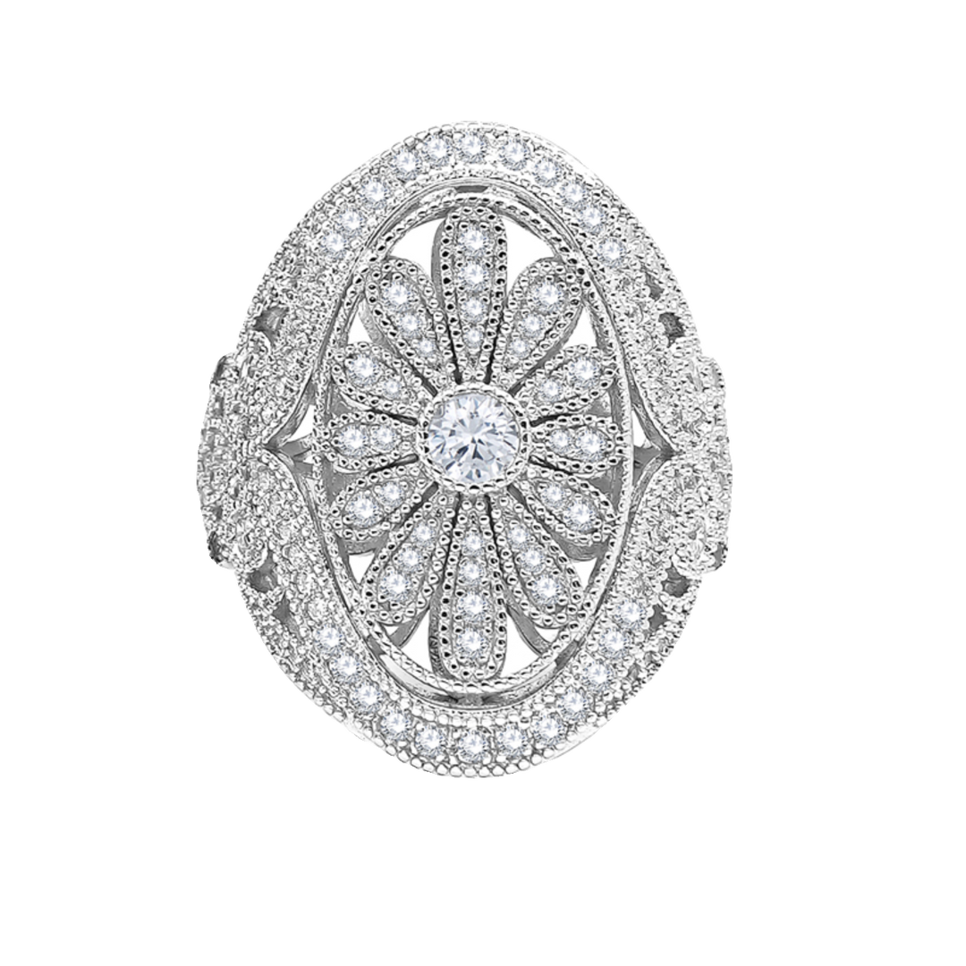 S925 Silver White Gold Daisy Full-Diamond Ring - Retro Light Luxury Openwork Oval Band