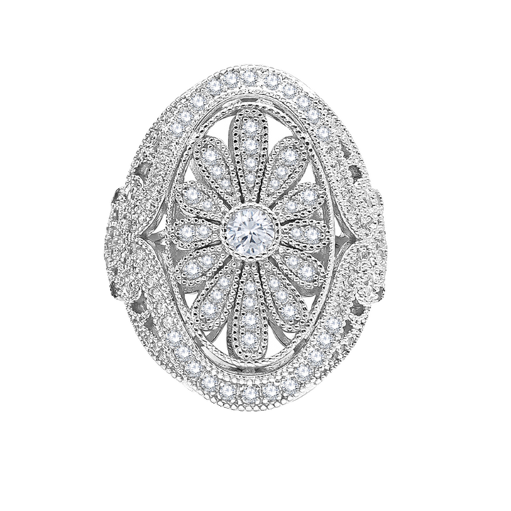 S925 Silver White Gold Daisy Full-Diamond Ring - Retro Light Luxury Openwork Oval Band