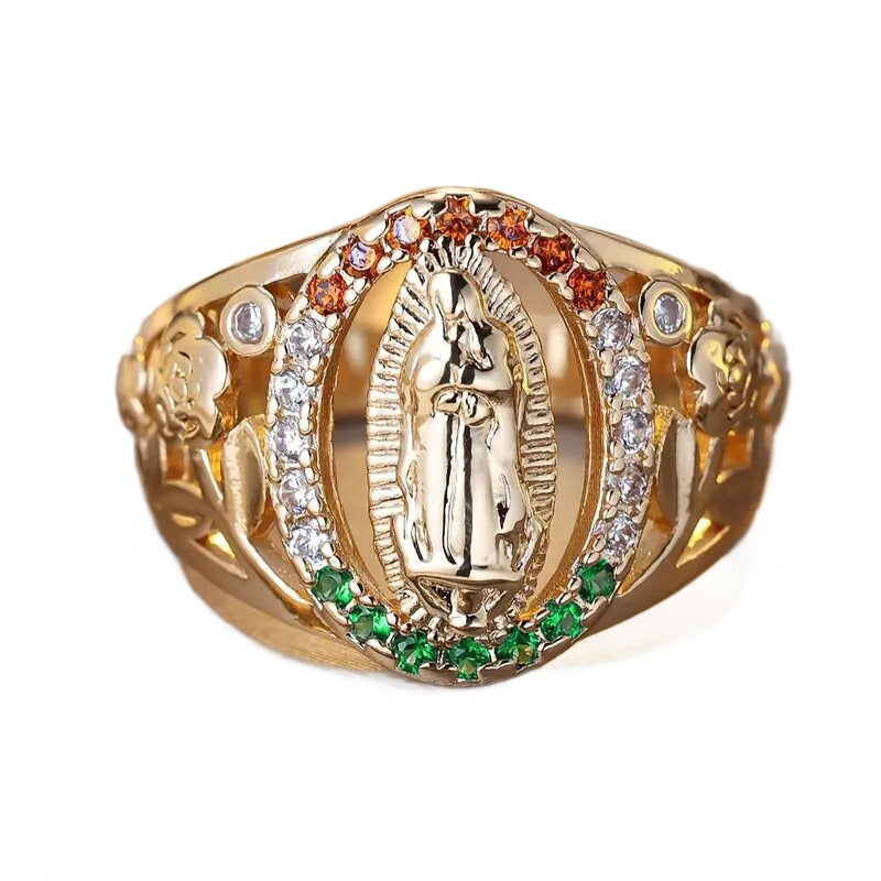 18K Gold Our Lady of Guadalupe Diamond Ring - Retro Religious Style Colored Gemstone Faith Band