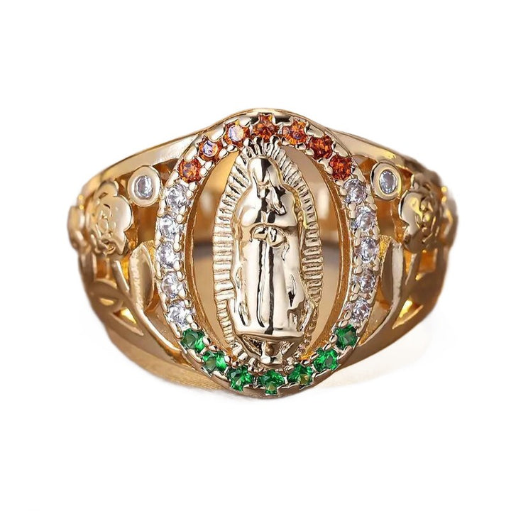 18K Gold Our Lady of Guadalupe Diamond Ring - Retro Religious Style Colored Gemstone Faith Band