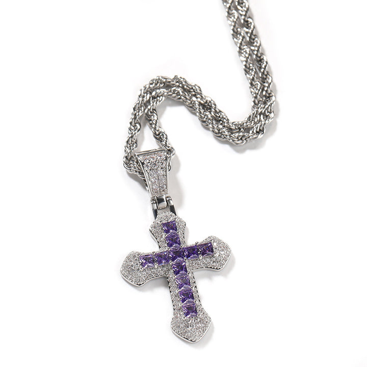 Twisted Chain Inlaid Imitation Diamond Religious Streetwear Pendant Hip-Hop Full-Diamond Cross Necklace