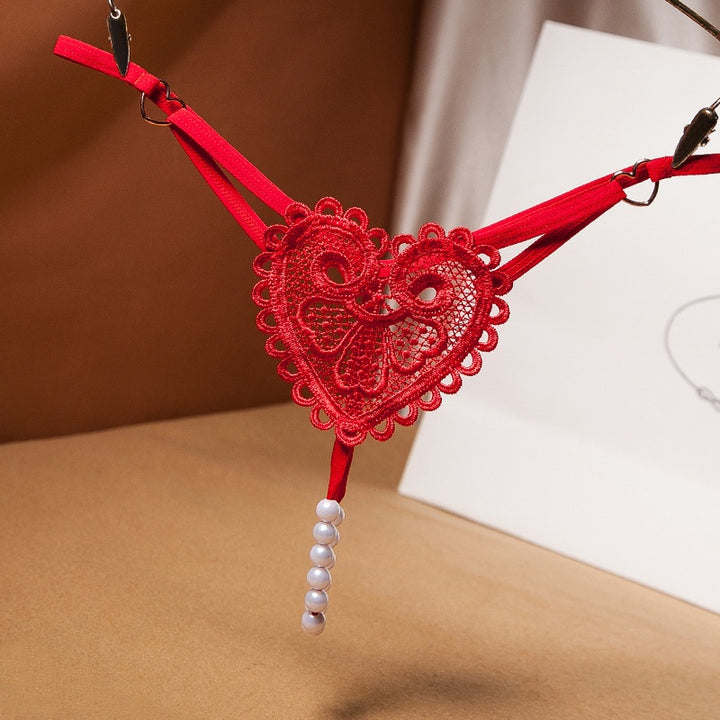 Heart Lace Pearl Tassel Open Crotch Thong