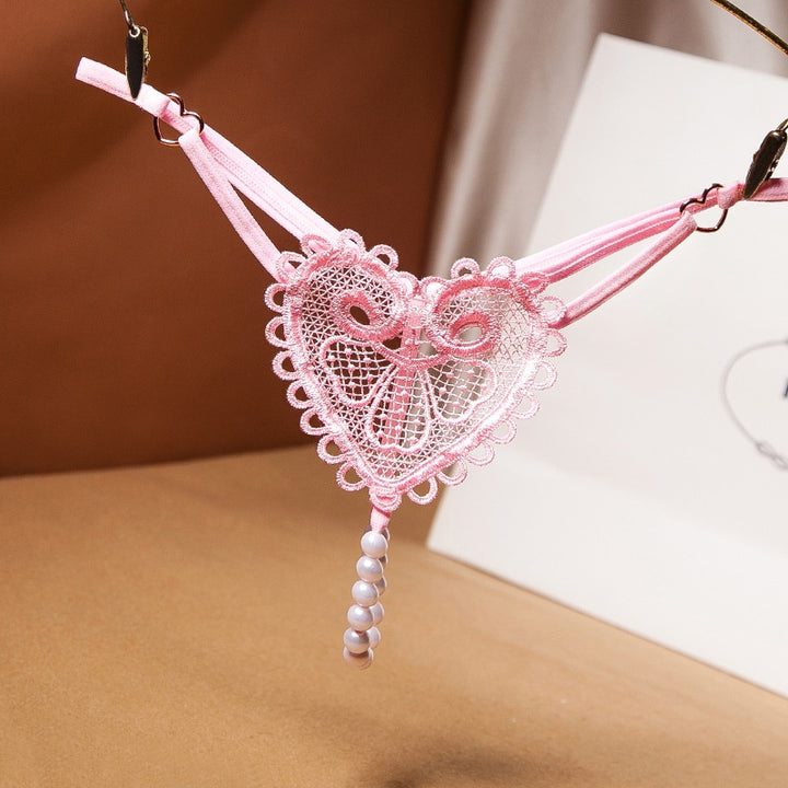 Heart Lace Pearl Tassel Open Crotch Thong