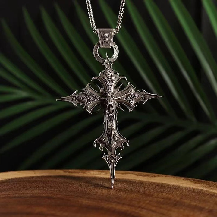 S925 Silver Antique Finish Dark Winged Cross Necklace - Retro Religious Style Unisex Niche Pendant Jewelry