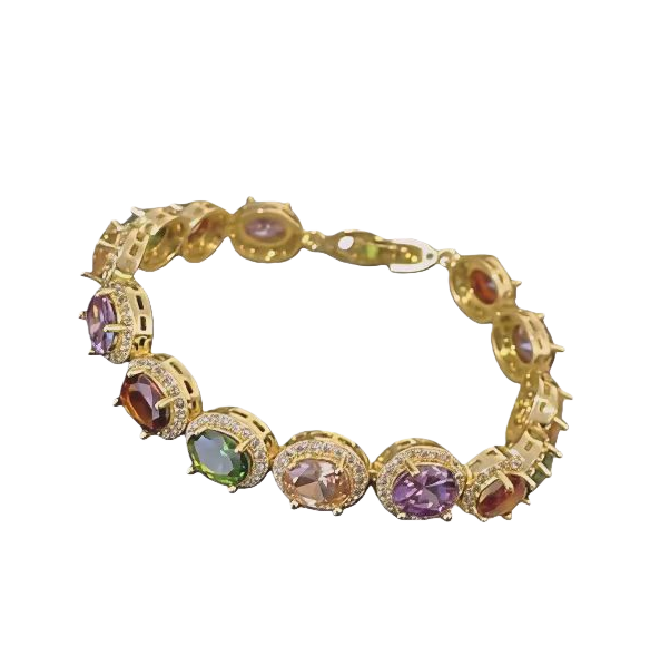 Golden Retro-Style Multi-Color Gem Luxurious Colored Gem Diamond-Inlaid Bracelet