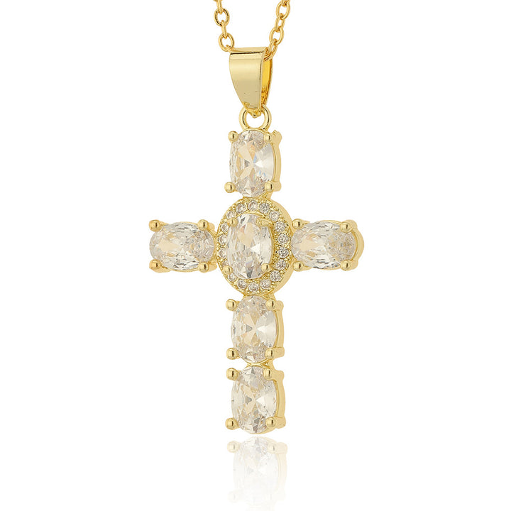 Gold-Plated Imitation Diamond Religious Pendant Luxurious Colored Gem Cross Necklace