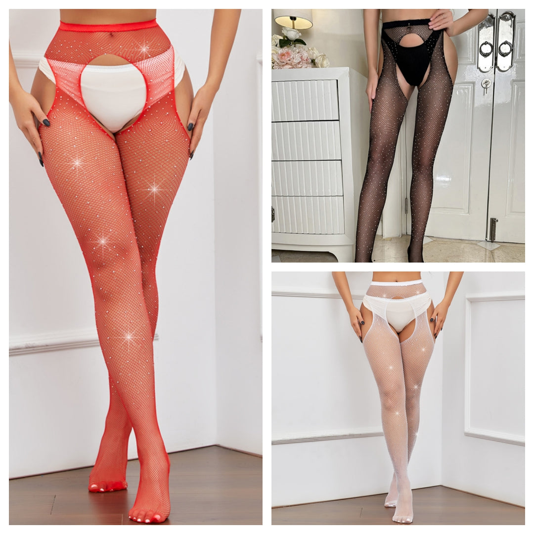 Sparkling Rhinestone Crotchless Fishnet Stockings