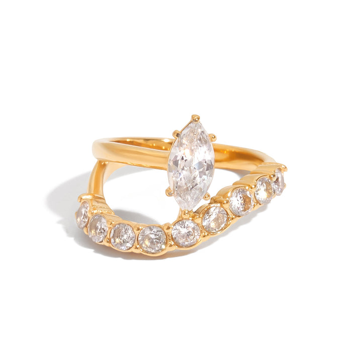 Gold Ring with Marquise - Shaped Central Stone and Curved Design