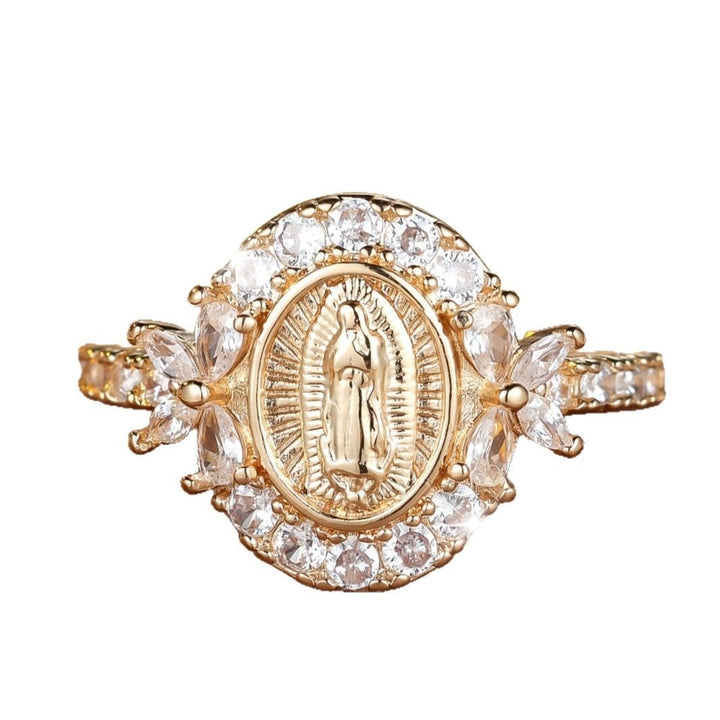 18K Gold Our Lady of Guadalupe Full-Diamond Ring - Light Luxury Retro Faith Band