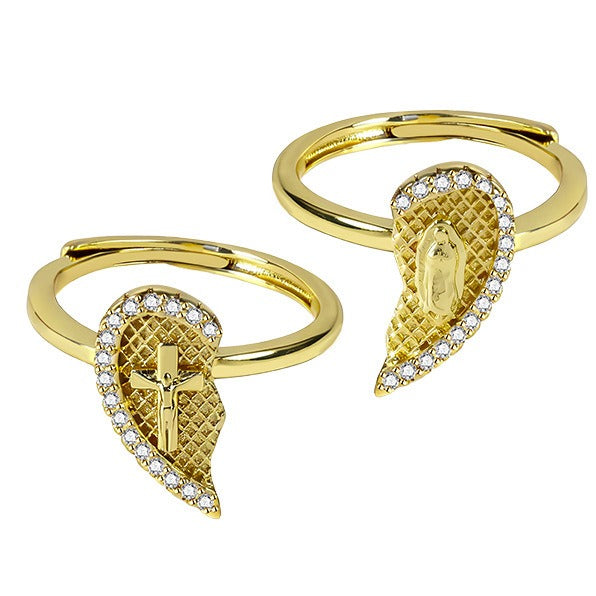 18K Gold-Plated Split Heart Religious Ring - Cross & Virgin Mary Diamond-Paved Couple Matching Ring