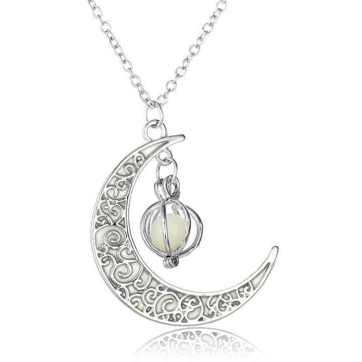 S925 Silver Tri-Color Glow-in-the-Dark Moon Star Lantern Necklace
