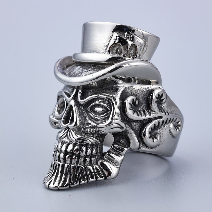 Vintage Silver Gentleman Skull Top Hat Ring 3D Carved Dark-Style Statement Band