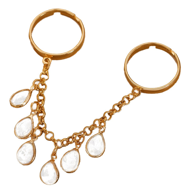 18K Gold Dual-Finger Chain Teardrop Crystal Linked Ring