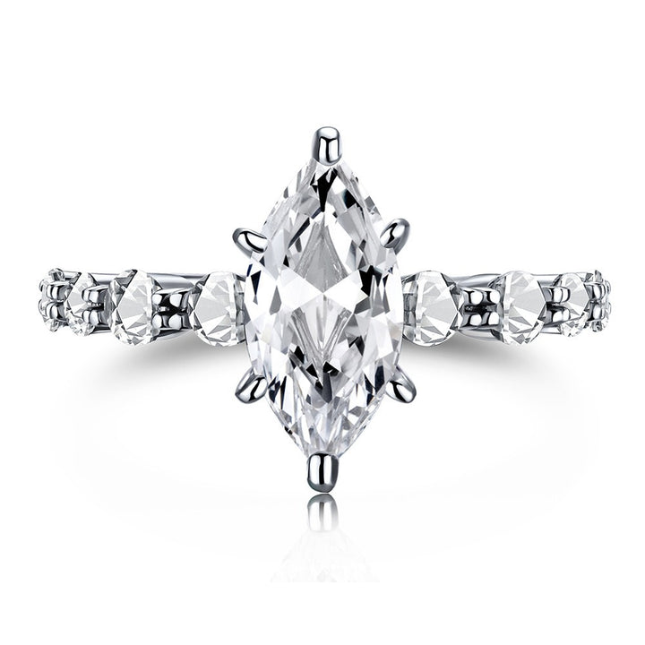 18K White Gold Marquise Main Diamond Ring - Baguette Accent Diamond Light Luxury Band