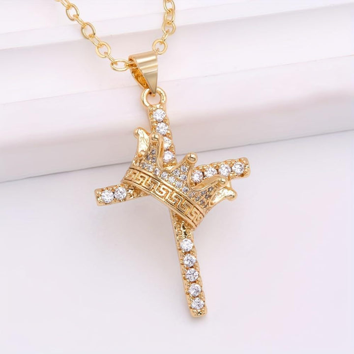 Diamond-Inlaid Crown Cross Necklace