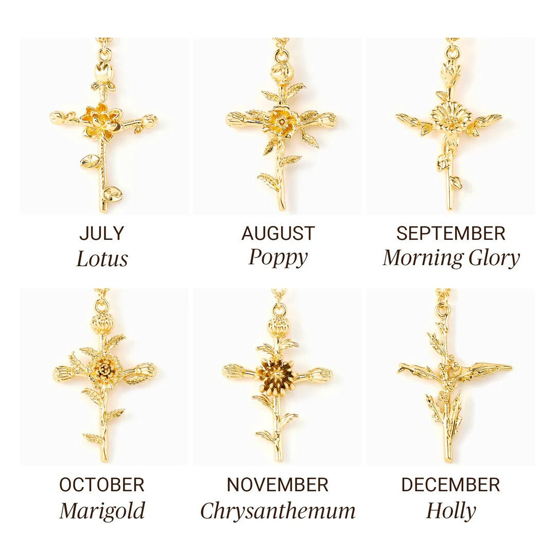 12-Month Birth Flower Cross Necklace 18K Gold-Plated Embossed Floral Pendant Light Luxury Memorial Choker