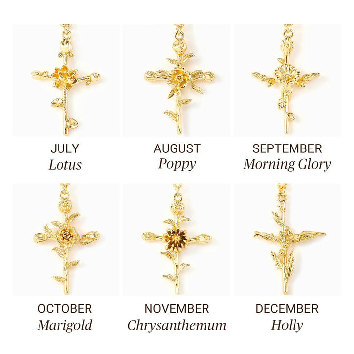 12-Month Birth Flower Cross Necklace 18K Gold-Plated Embossed Floral Pendant Light Luxury Memorial Choker