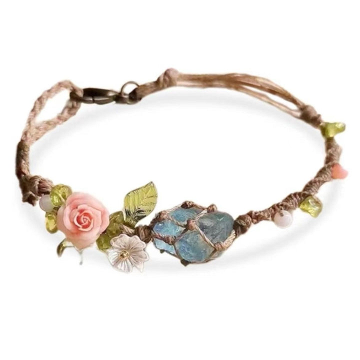 Natural Aquamarine Hand-Woven Bracelet Bohemian Forest Flower Retro Cord