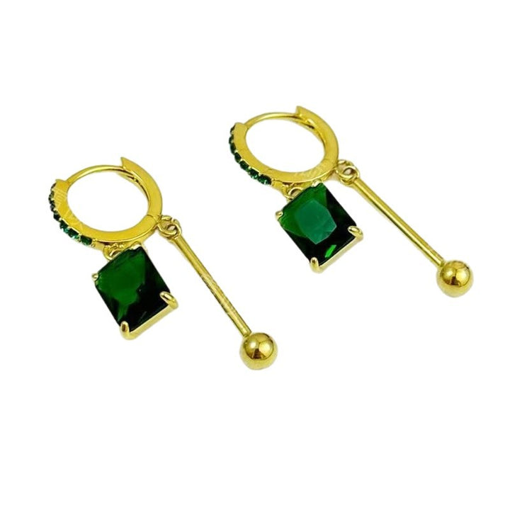 Square Gem Gold Diamond-Inlaid Drop Earrings (Green/Purple Version)