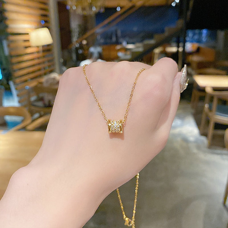 18K Gold / White Gold Slim Barrel Pavé Necklace | Minimal Luxury Collarbone Chain