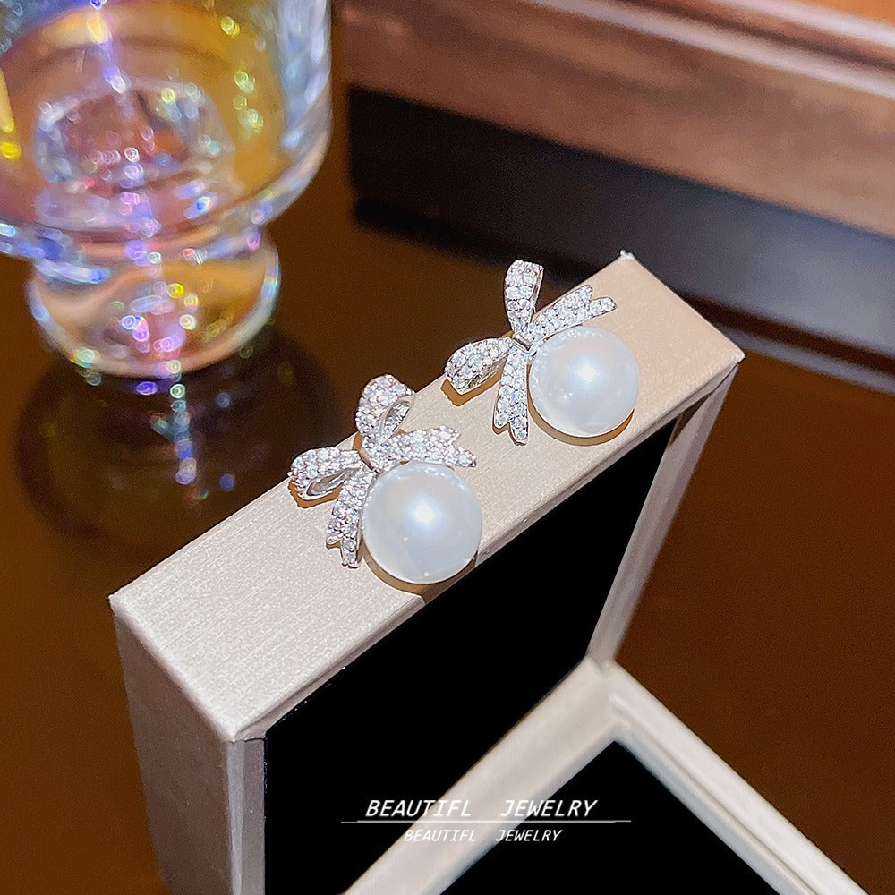 Luxury Pearl & Diamond Bow Stud Earrings | Elegant Sparkle for Everyday & Special Moments